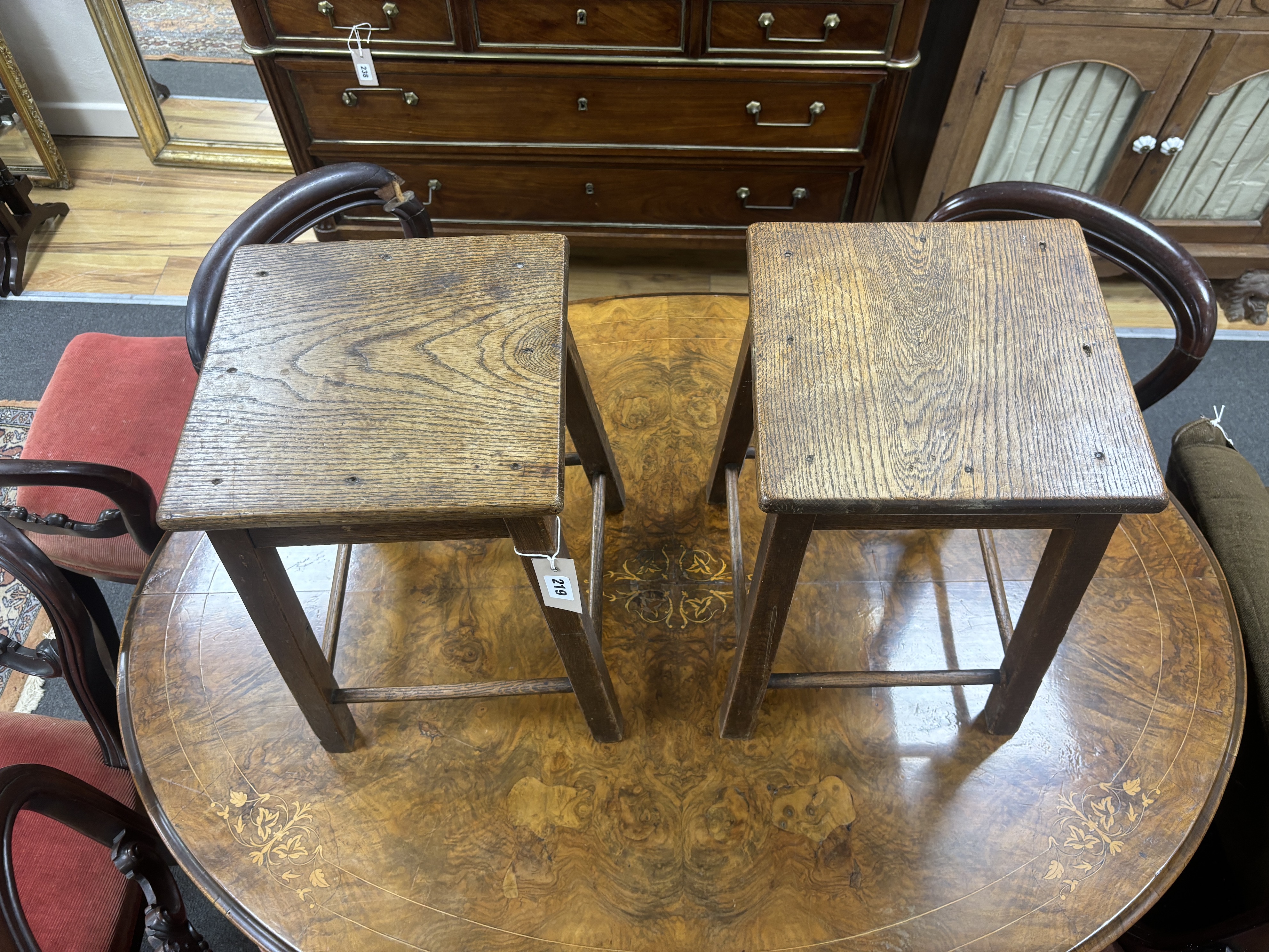 A pair of 19th century Provincial square oak stools, width 30cm, height 46cm